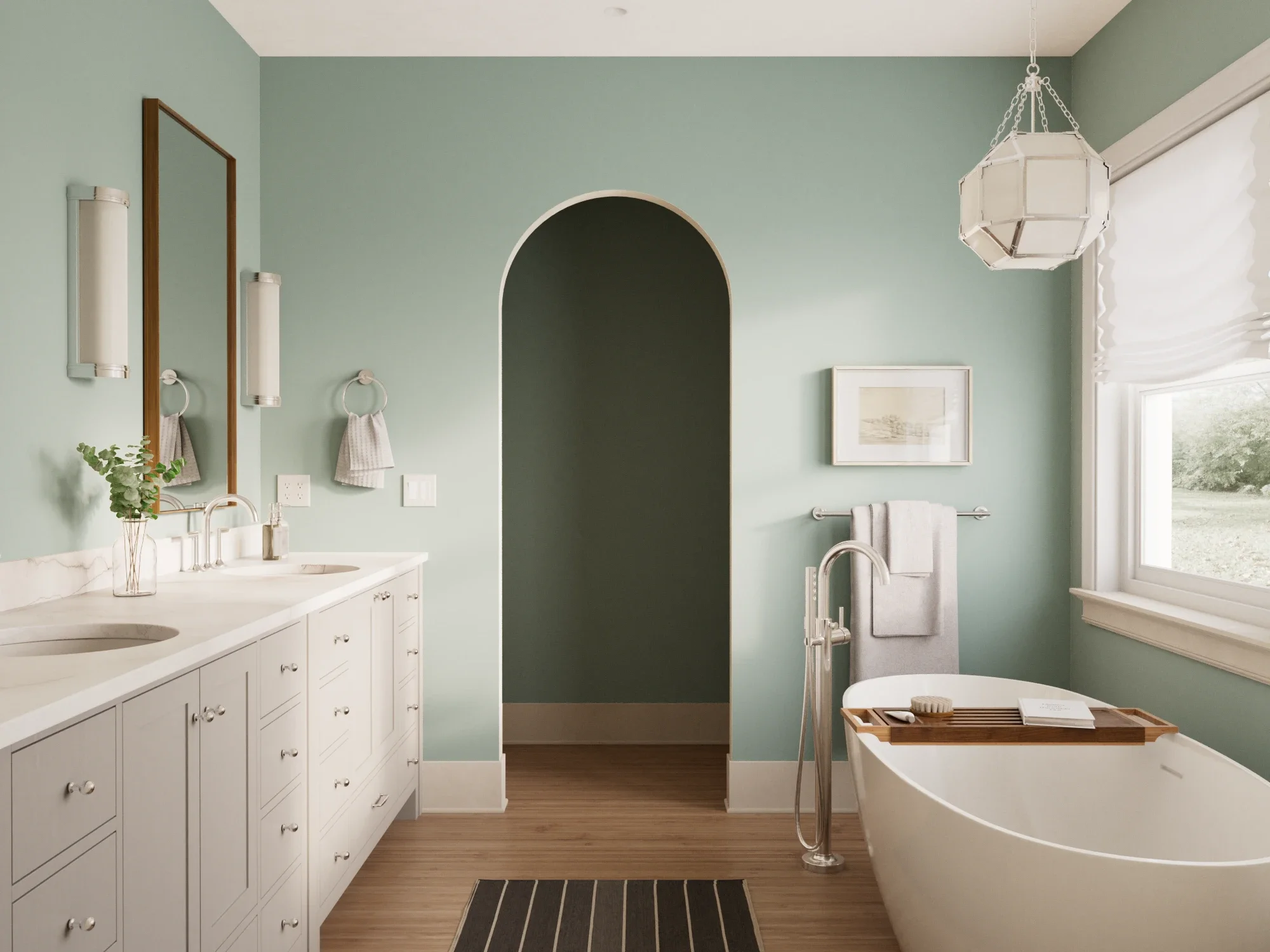 Sophisticated green-blue bathroom with warm wood and natural light