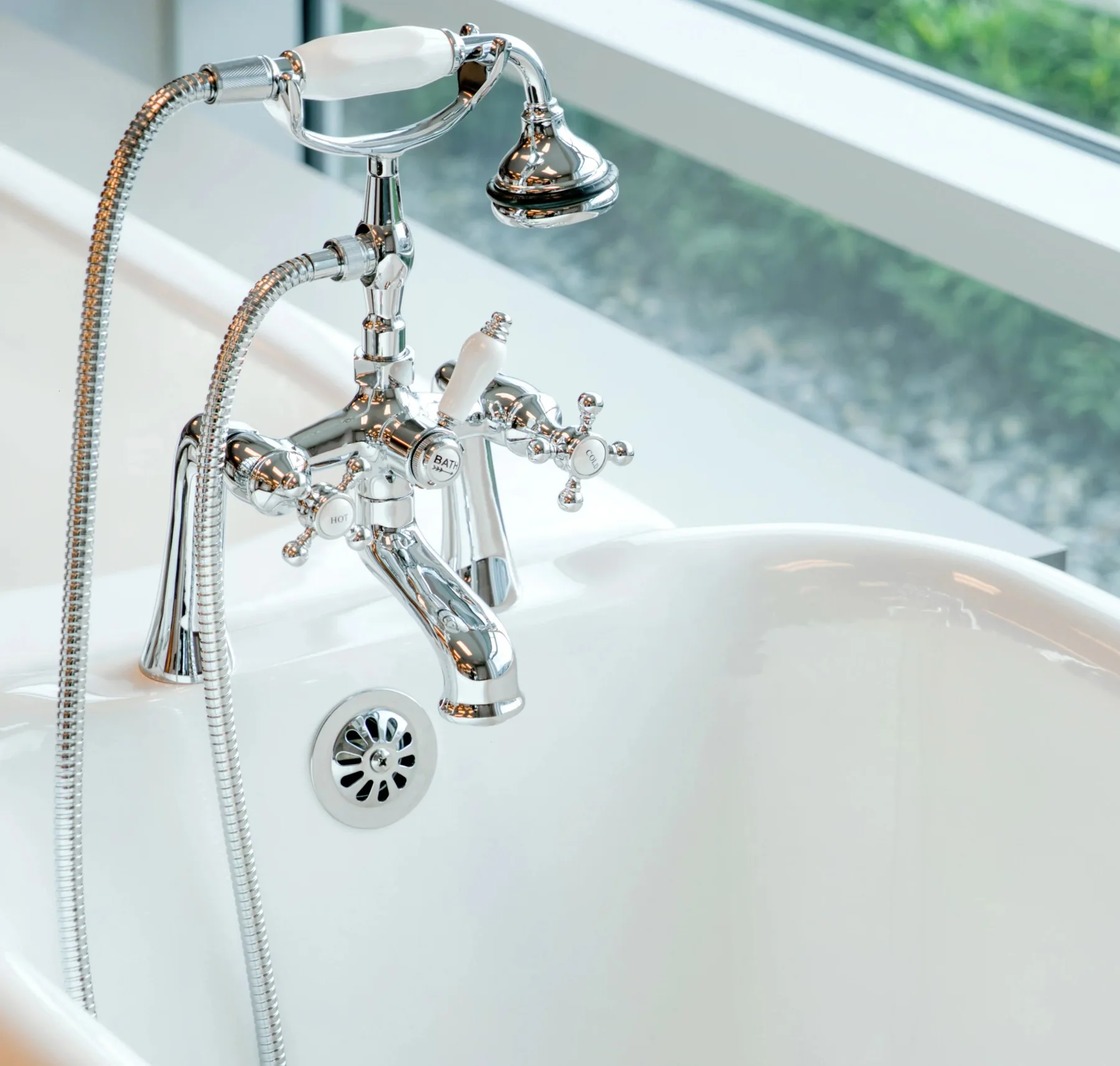 main sample image of Chrome Deck Mount Tub Filler with Hand Shower, 7 in Spread, All Metal Accents with Lever Handle