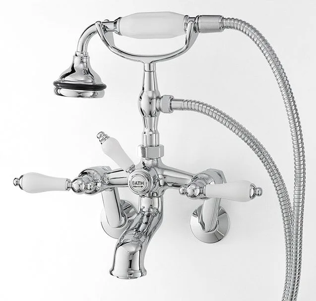 main sample image of Chrome Wall Mount Tub Filler with Hand Shower, Ceramic Accents - Lever Handles