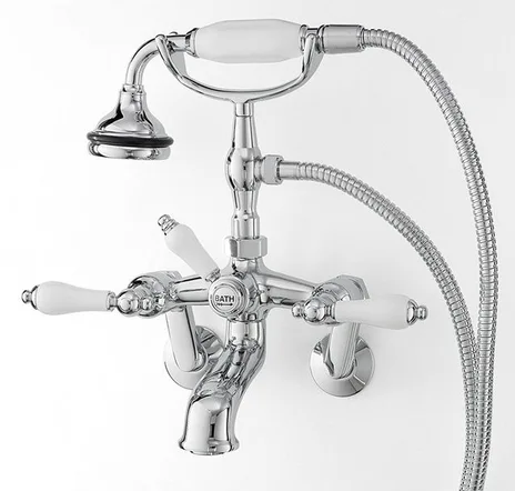 main sample image of Chrome Wall Mount Tub Filler with Hand Shower, Ceramic Accents - Lever Handles