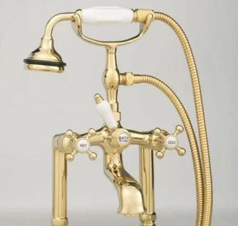 Deck Mount Tub Filler with Hand Shower, 6 in Spread, Ceramic Accents