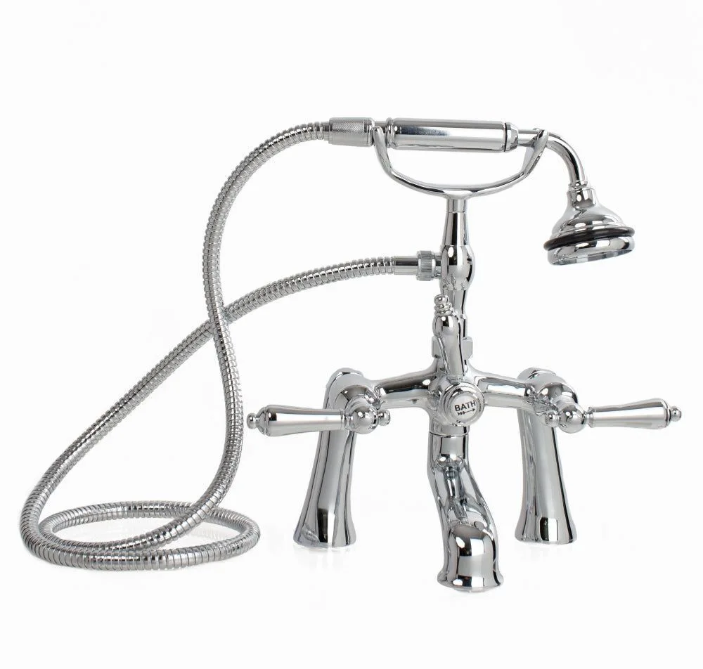 main sample image of Chrome Deck Mount Tub Filler with Hand Shower, 7 in Spread, Ceramic Accents with Lever Handle