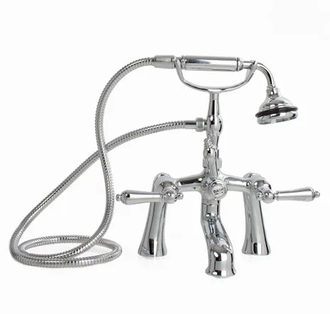 main sample image of Chrome Deck Mount Tub Filler with Hand Shower, 7 in Spread, Ceramic Accents with Lever Handle