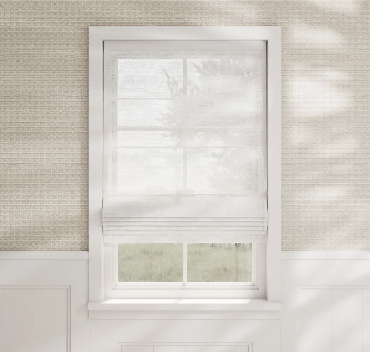main sample image of Optic White Cascade Roman Shades - Luxe Linen